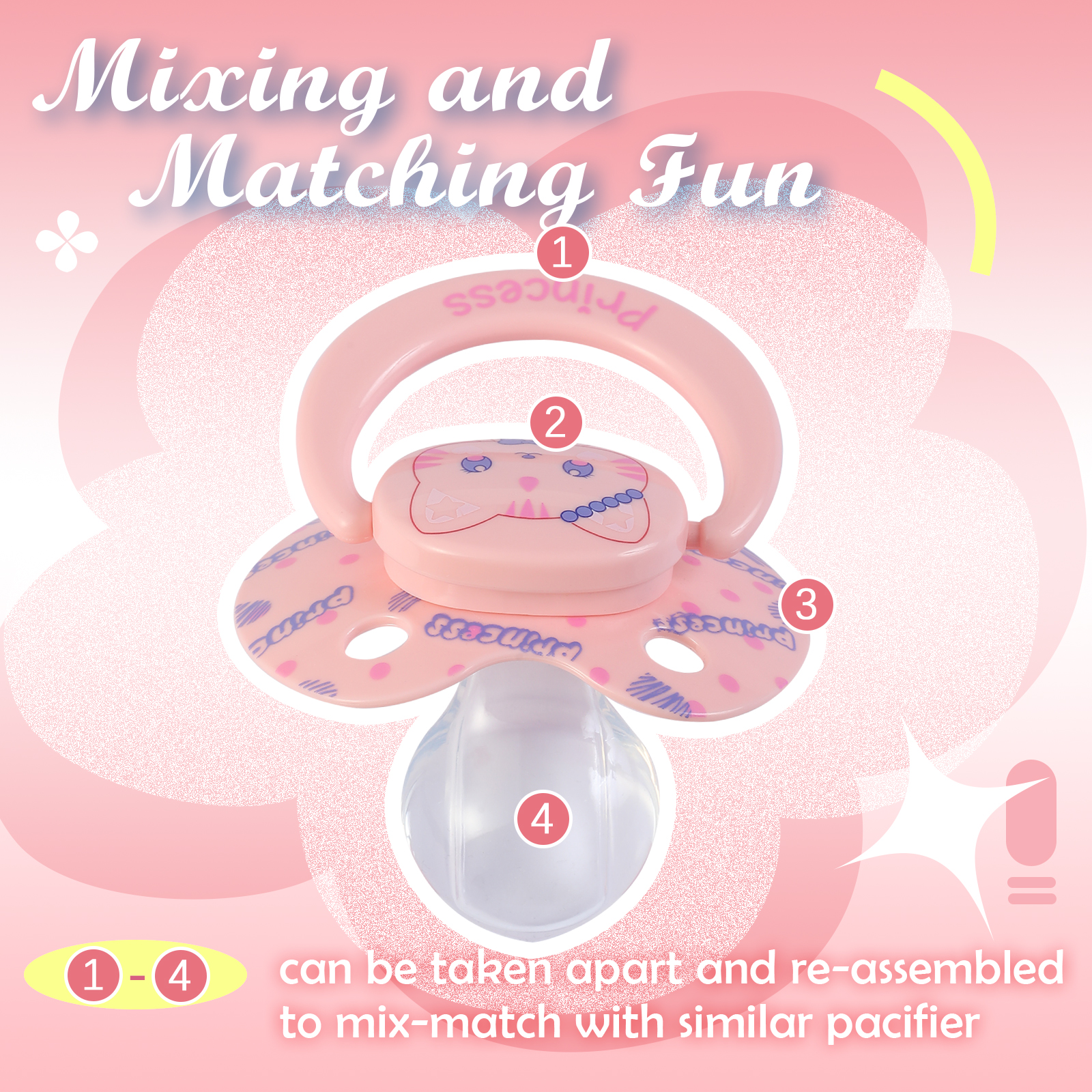 Princess Adult Size Silicone Pacifier for Anxiety: Big Shield Cute Paci for Sleep - Large Nipple Princess and Cat Binky Pink - Image 4