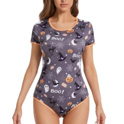 Somniumnight Halloween Onesie Pajama for Women: Spooky Cute Costumes for Adult Stretchy Bodysuit Romper Snap Crotch
