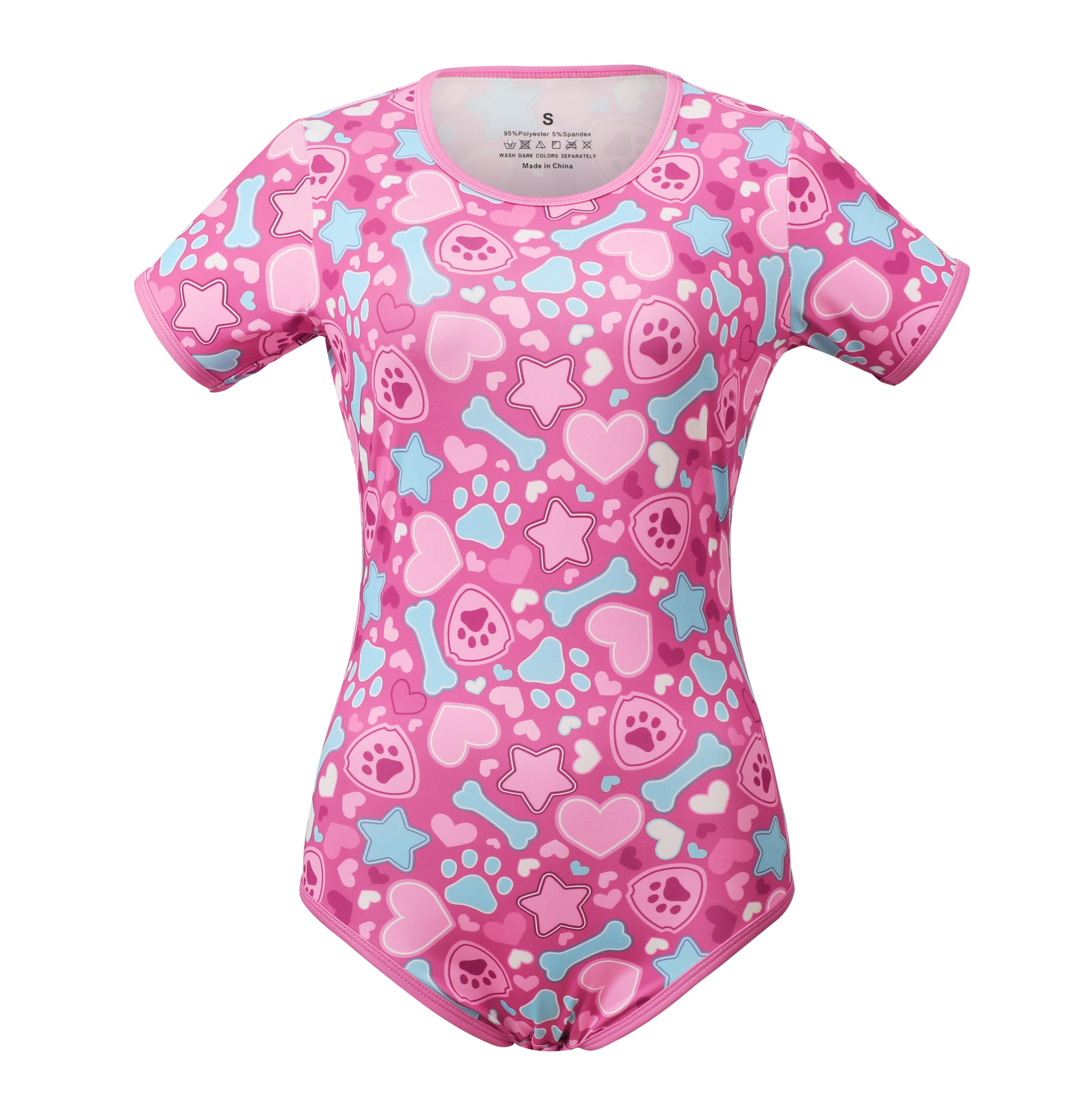 Somniumnight Adult Onesie Bodysuit for Women: Cute Stretchy Romper Snap Crotch - Kawaii Pajamas Soft Fit Gift for Sleepwear - Short Sleeve with Button Puppy Paw Print Pink - Image 6