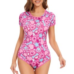 Somniumnight Adult Onesie Bodysuit for Women: Cute Stretchy Romper Snap Crotch - Kawaii Pajamas Soft Fit Gift for Sleepwear - Short Sleeve with Button Puppy Paw Print Pink