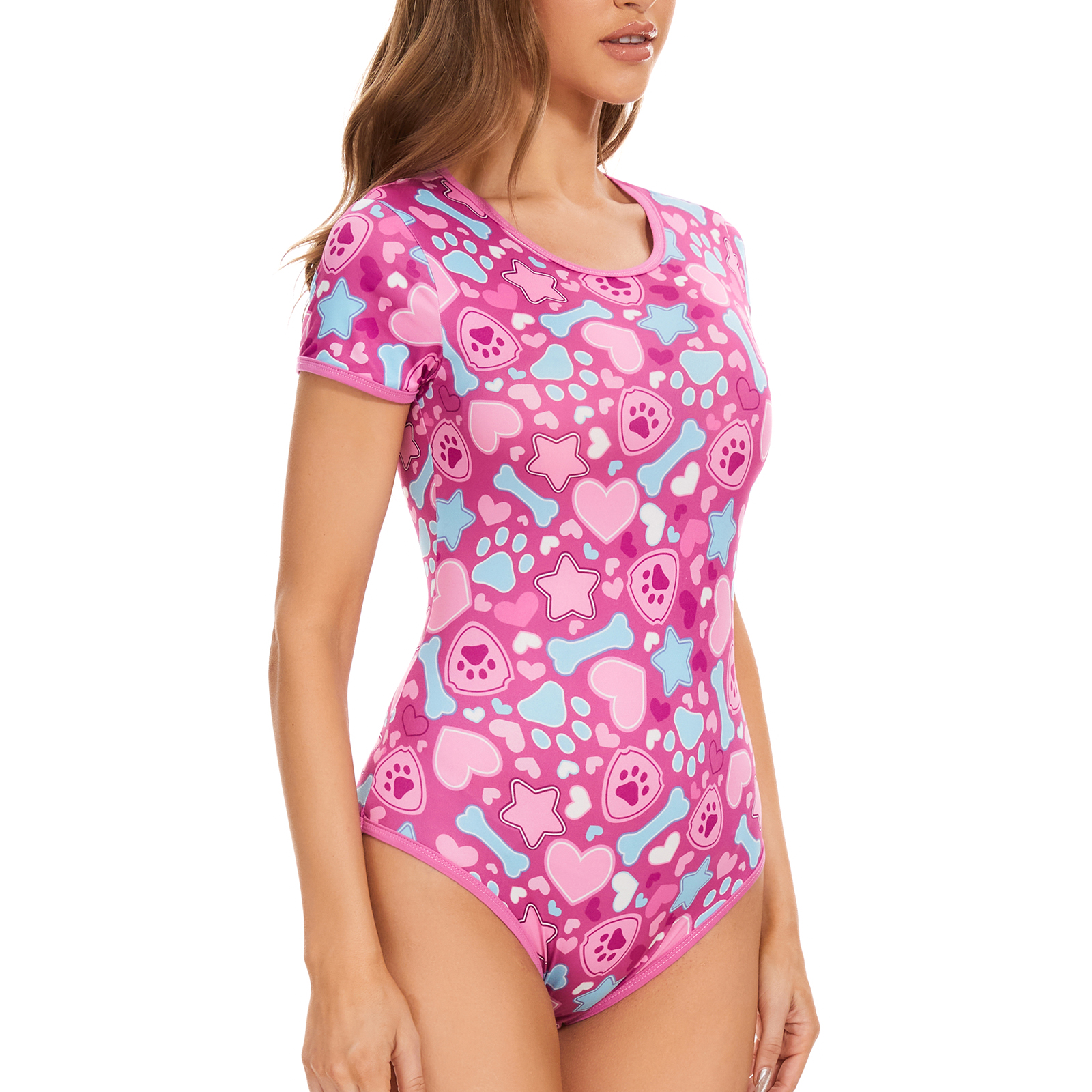 Somniumnight Adult Onesie Bodysuit for Women: Cute Stretchy Romper Snap Crotch - Kawaii Pajamas Soft Fit Gift for Sleepwear - Short Sleeve with Button Puppy Paw Print Pink - Image 4