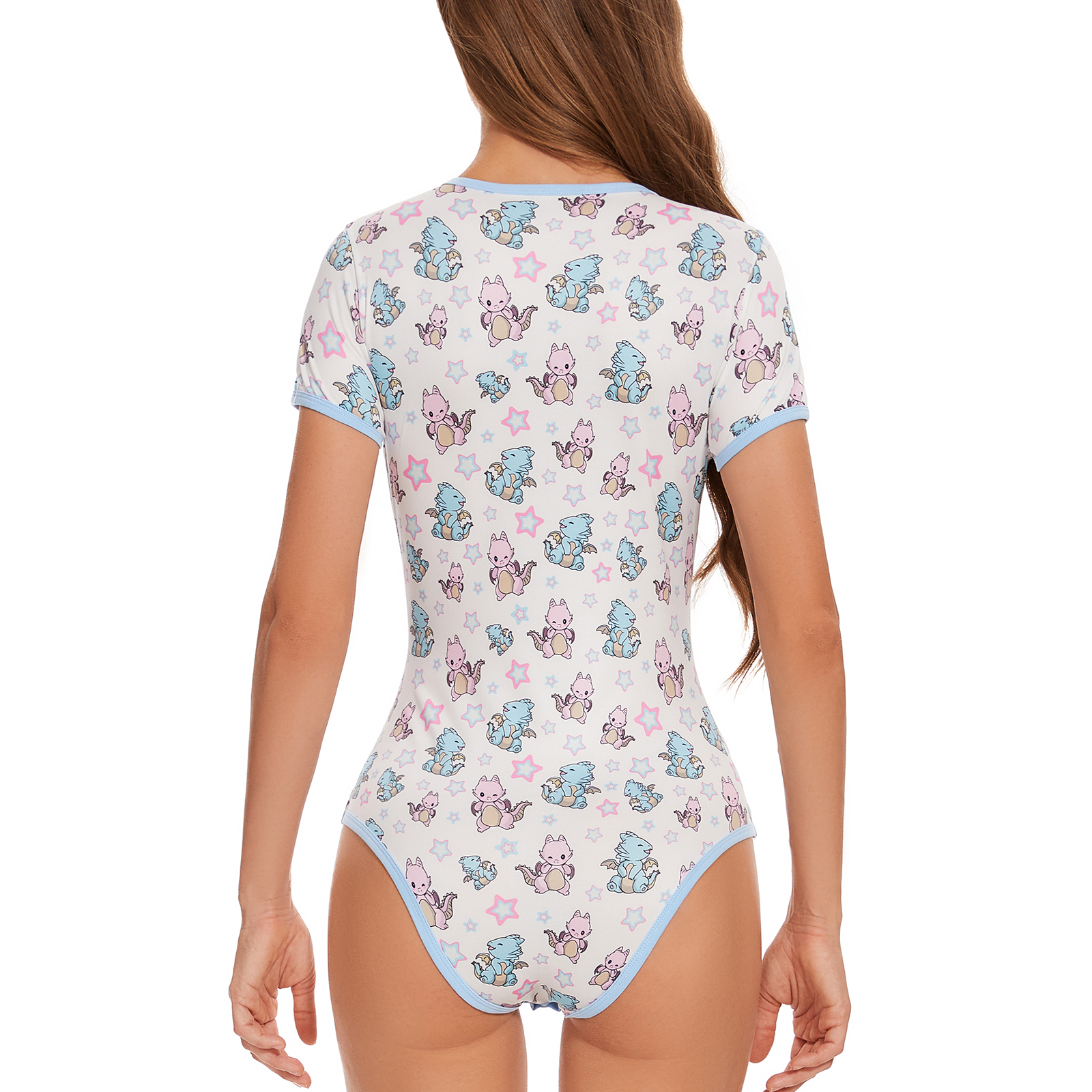 Sexy Adult Onesie Pjs for Women: Snap Crotch Romper Pajamas with Dinosaur & Dragon Print - Short Sleeves Casual Bodysuit - Image 2