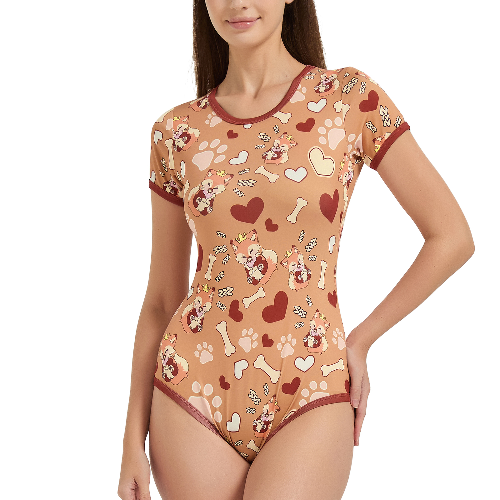 Somniumnight Adult Onesie Bodysuit for Women: Cute Stretchy Romper Snap Crotch - Kawaii Pajamas Soft Fit Gift for Sleepwear - Short Sleeve with Button Fox