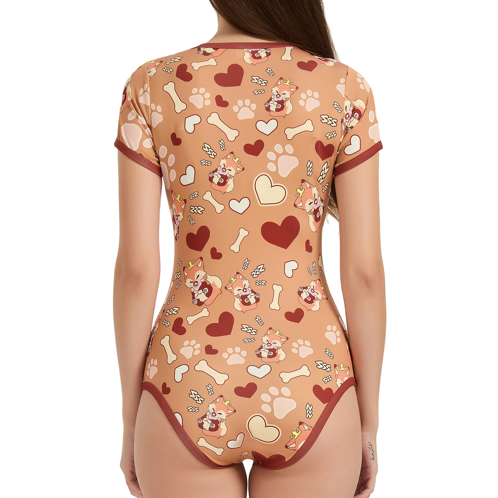 Somniumnight Adult Onesie Bodysuit for Women: Cute Stretchy Romper Snap Crotch - Kawaii Pajamas Soft Fit Gift for Sleepwear - Short Sleeve with Button Fox - Image 2
