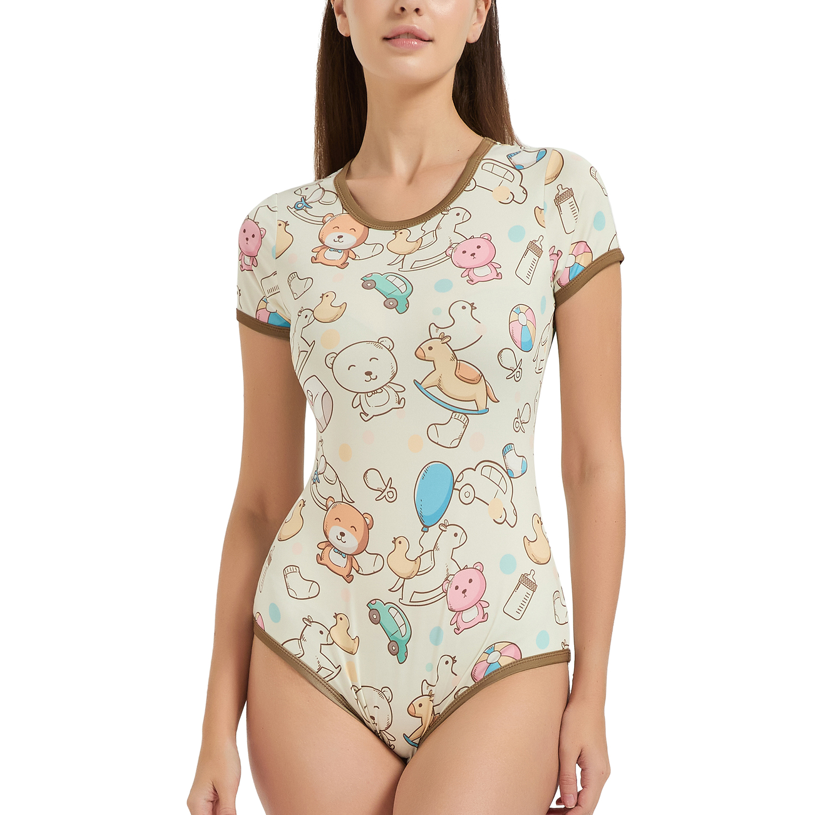 Adult Baby Onesie Snap Crotch: Age Regression Clothes for Women - Kawaii Bear Pajamas with Botton Down Under Stretchy Romper