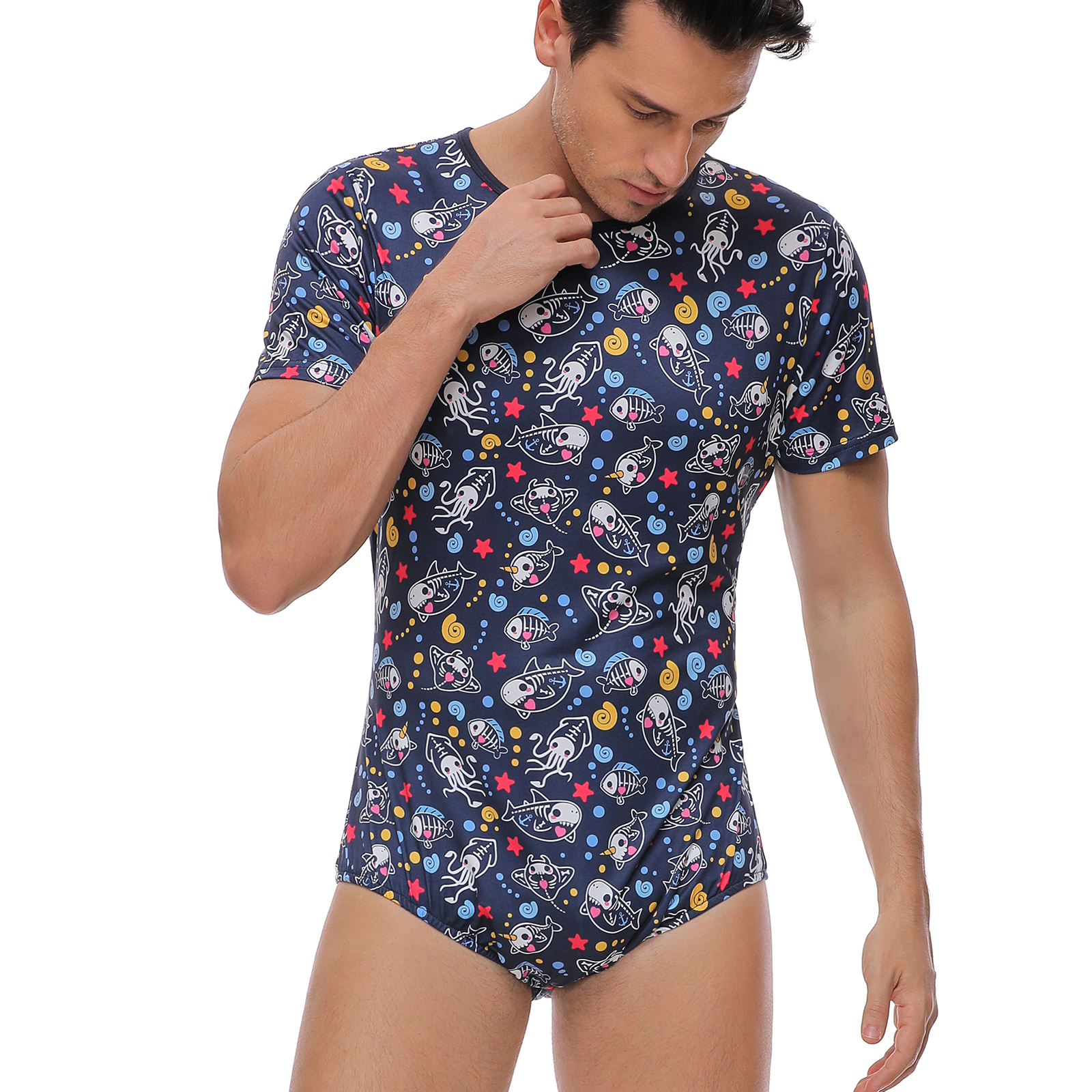 Somniumnight Adult Onesie Pajamas for Mens: Snap Crotch One Piece Shark Blue Bodysuit - Short Sleeve Cute Romper Underwear
