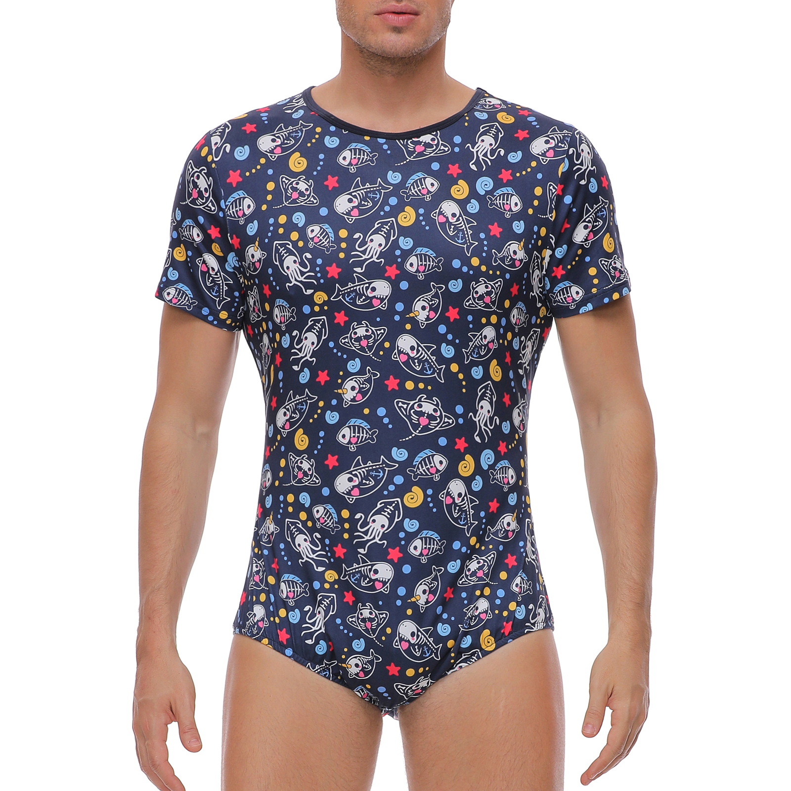 Somniumnight Adult Onesie Pajamas for Mens: Snap Crotch One Piece Shark Blue Bodysuit - Short Sleeve Cute Romper Underwear - Image 3