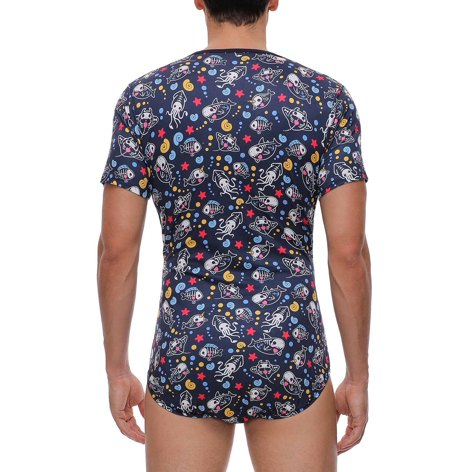 Somniumnight Adult Onesie Pajamas for Mens: Snap Crotch One Piece Shark Blue Bodysuit - Short Sleeve Cute Romper Underwear - Image 2