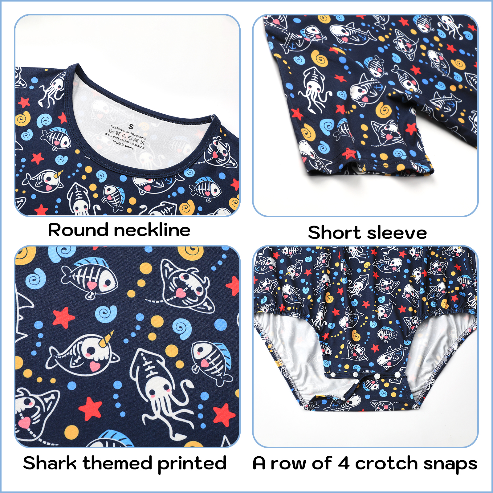 Somniumnight Adult Onesie Pajamas for Mens: Snap Crotch One Piece Shark Blue Bodysuit - Short Sleeve Cute Romper Underwear - Image 6