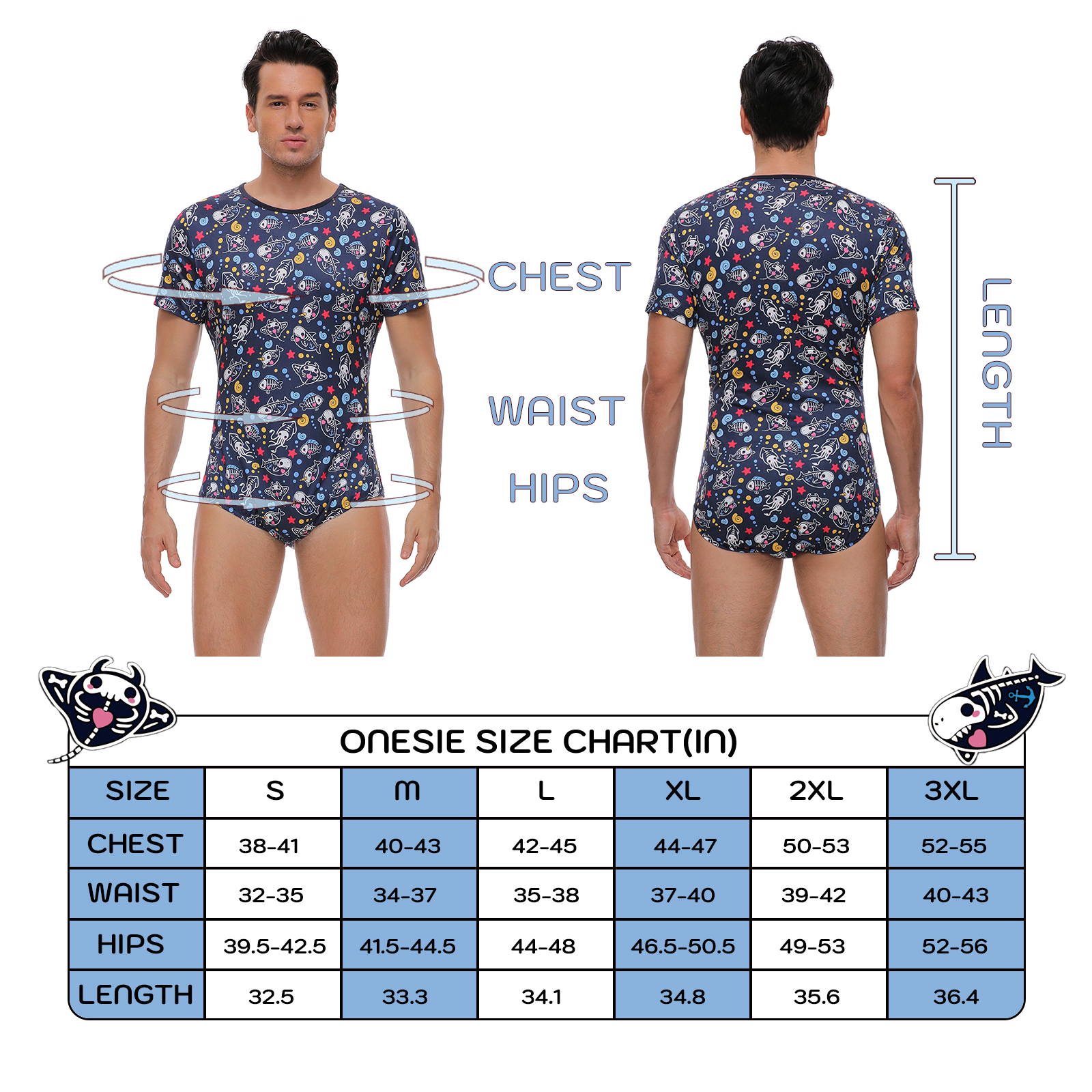 Somniumnight Adult Onesie Pajamas for Mens: Snap Crotch One Piece Shark Blue Bodysuit - Short Sleeve Cute Romper Underwear - Image 4