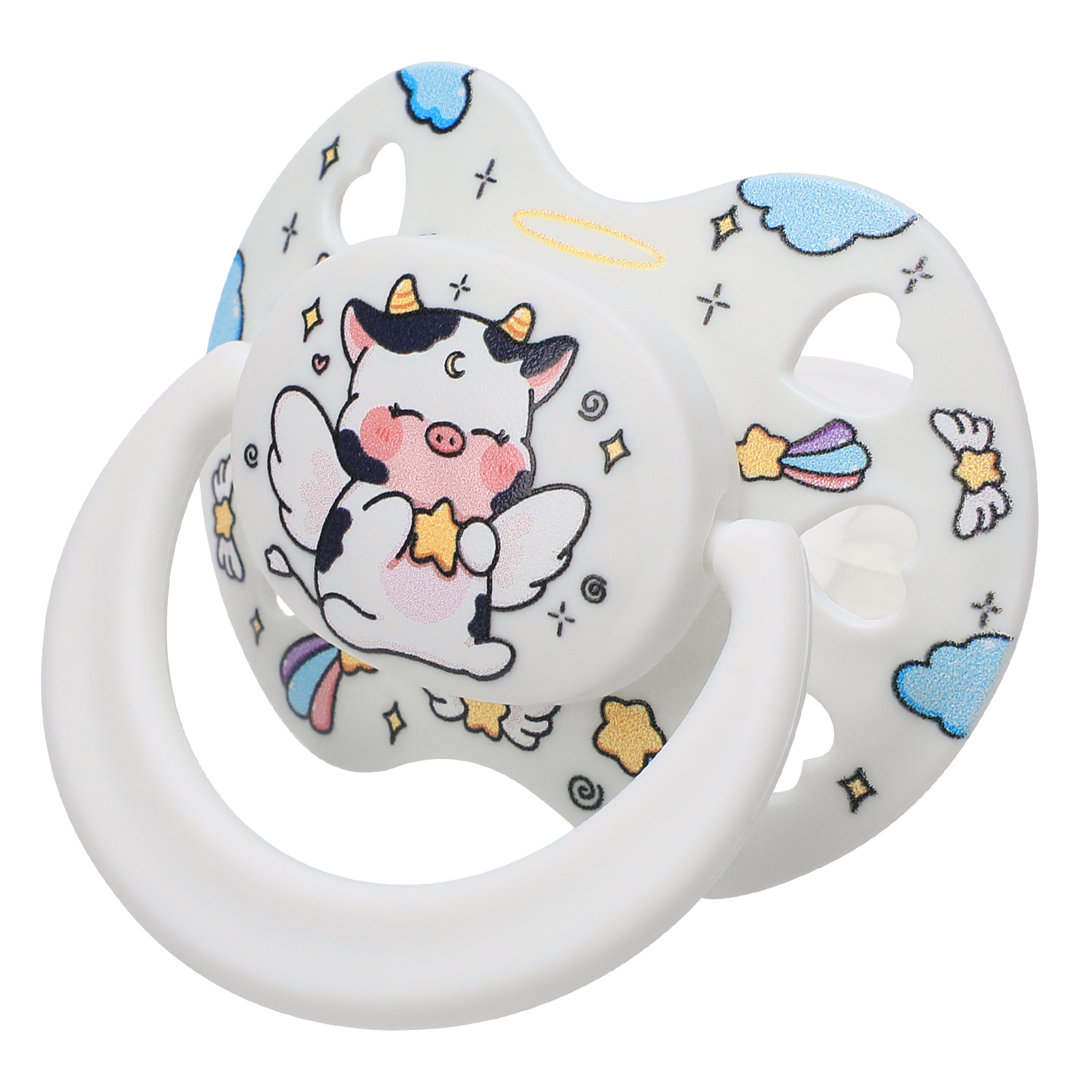 Cute Adult Size Pacifier for Anxiety: Angel Cow Soft Silicone Heart Shaped Paci for Stress Relief and Autism - Bigshield Binky for Sleep Gag Gift with Case White - Image 3
