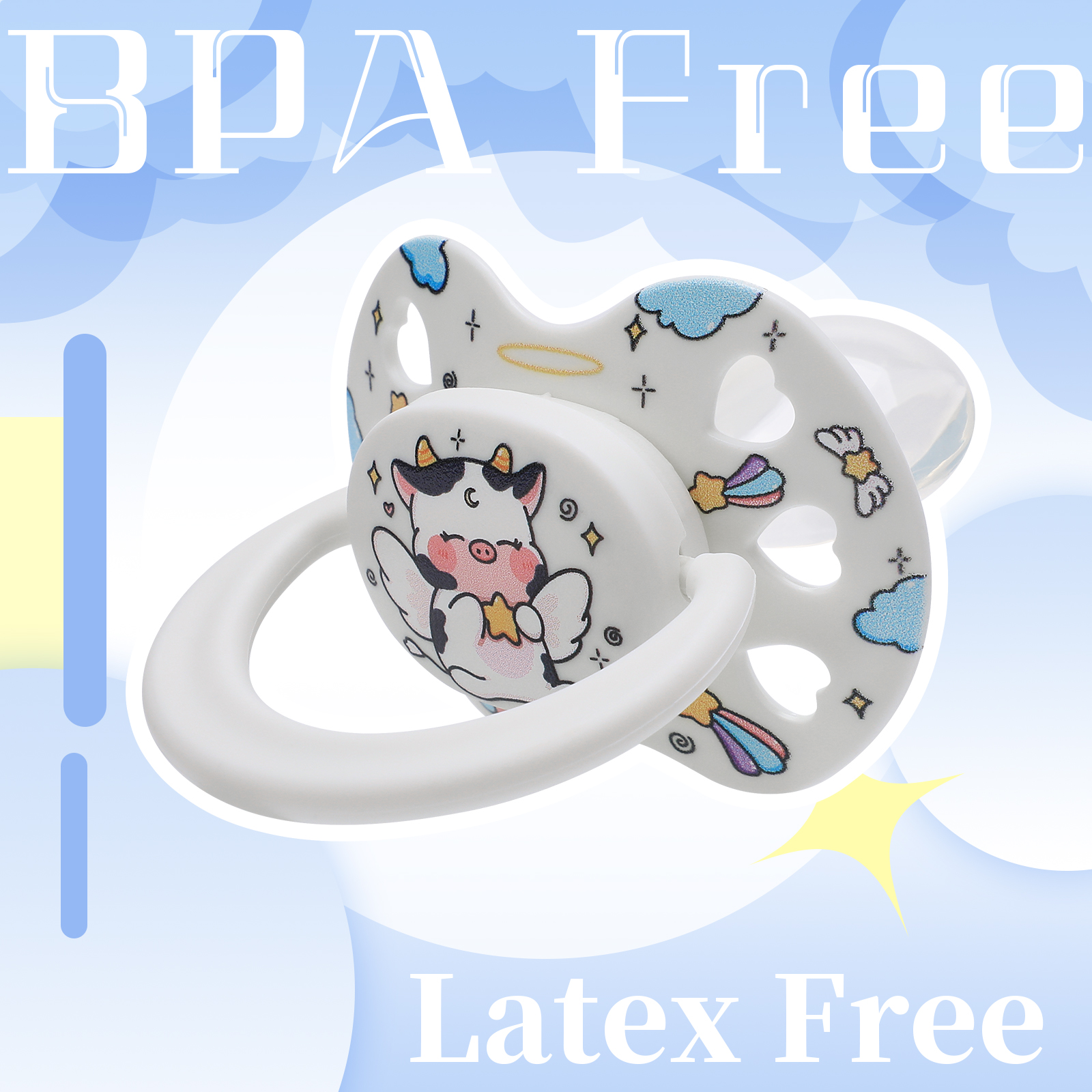Cute Adult Size Pacifier for Anxiety: Angel Cow Soft Silicone Heart Shaped Paci for Stress Relief and Autism - Bigshield Binky for Sleep Gag Gift with Case White - Image 4