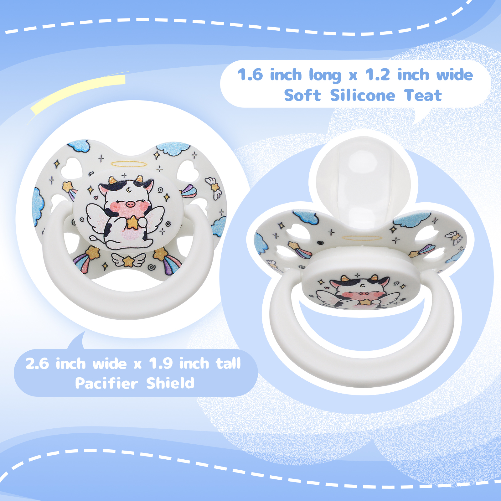 Cute Adult Size Pacifier for Anxiety: Angel Cow Soft Silicone Heart Shaped Paci for Stress Relief and Autism - Bigshield Binky for Sleep Gag Gift with Case White - Image 5