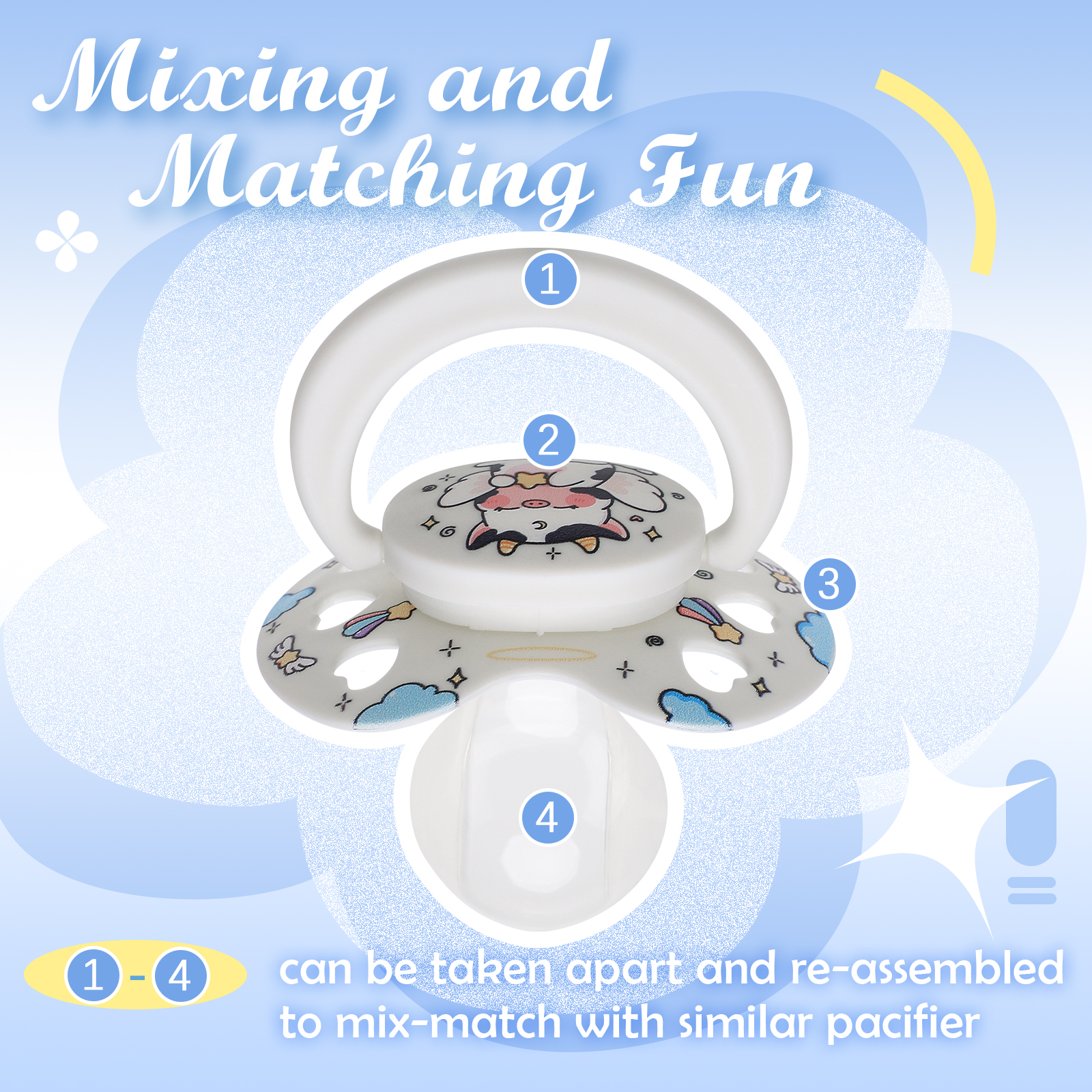Cute Adult Size Pacifier for Anxiety: Angel Cow Soft Silicone Heart Shaped Paci for Stress Relief and Autism - Bigshield Binky for Sleep Gag Gift with Case White - Image 6