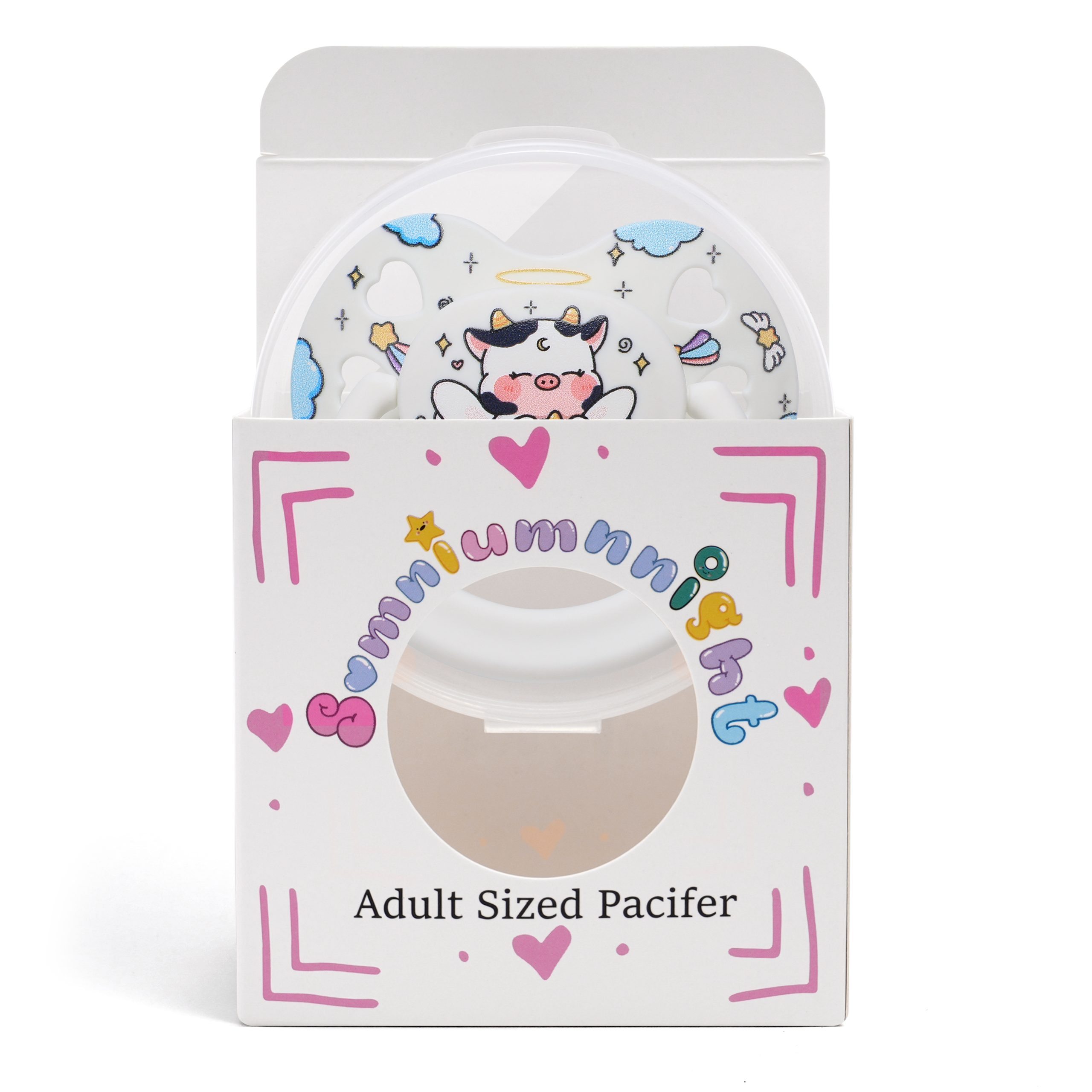 Cute Adult Size Pacifier for Anxiety: Angel Cow Soft Silicone Heart Shaped Paci for Stress Relief and Autism - Bigshield Binky for Sleep Gag Gift with Case White - Image 2