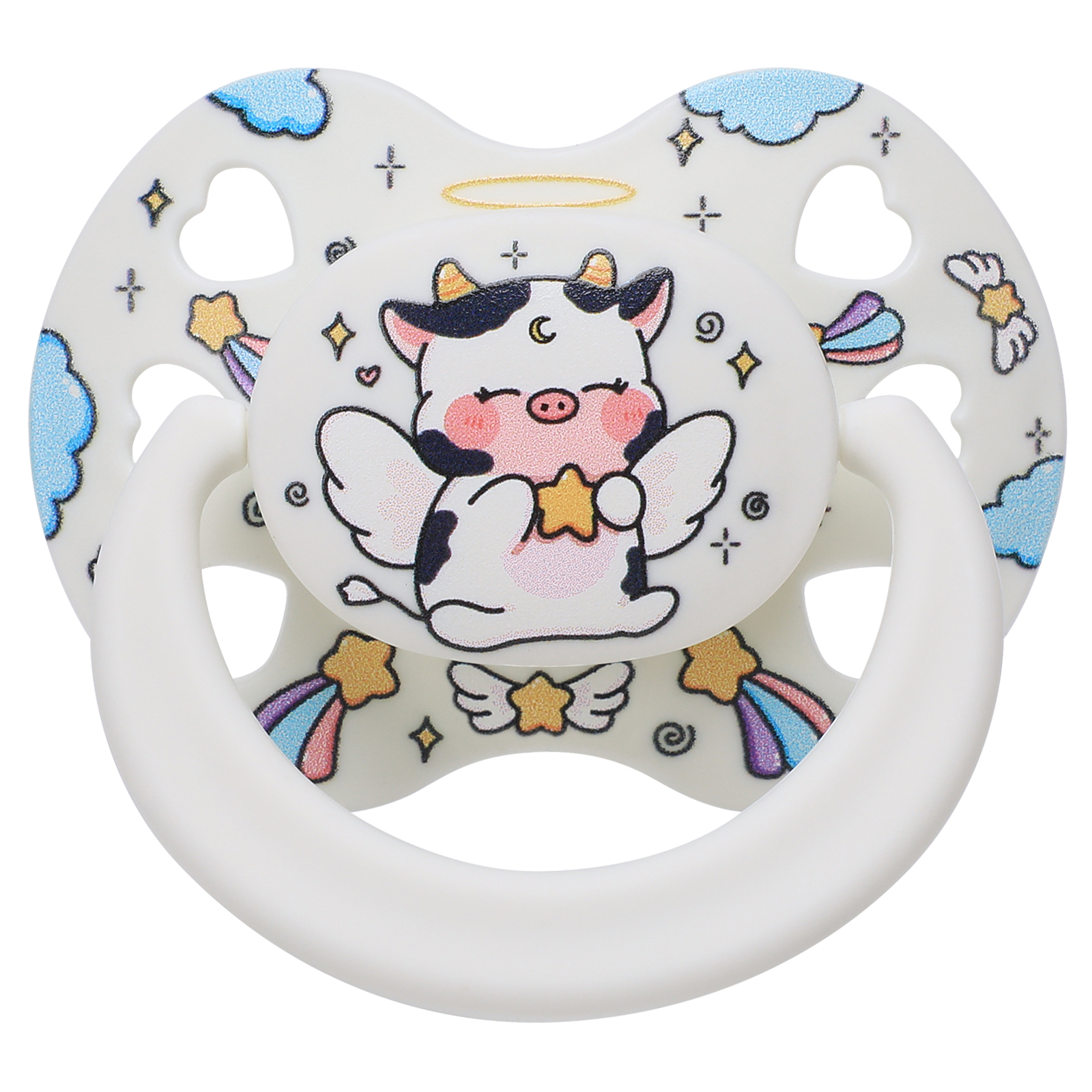 Cute Adult Size Pacifier for Anxiety: Angel Cow Soft Silicone Heart Shaped Paci for Stress Relief and Autism - Bigshield Binky for Sleep Gag Gift with Case White