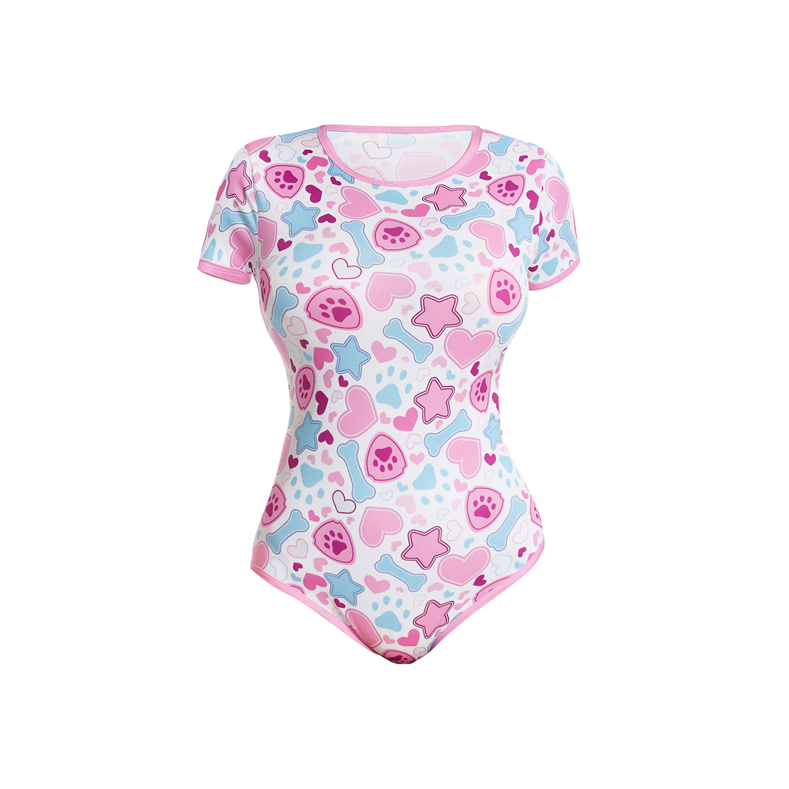 Somniumnight Adult Onesie Bodysuit for Women: Cute Stretchy Romper Snap Crotch - Kawaii Pajamas Soft Fit Gift for Sleepwear - Short Sleeve with Button Puppy Paw Print White - Image 7