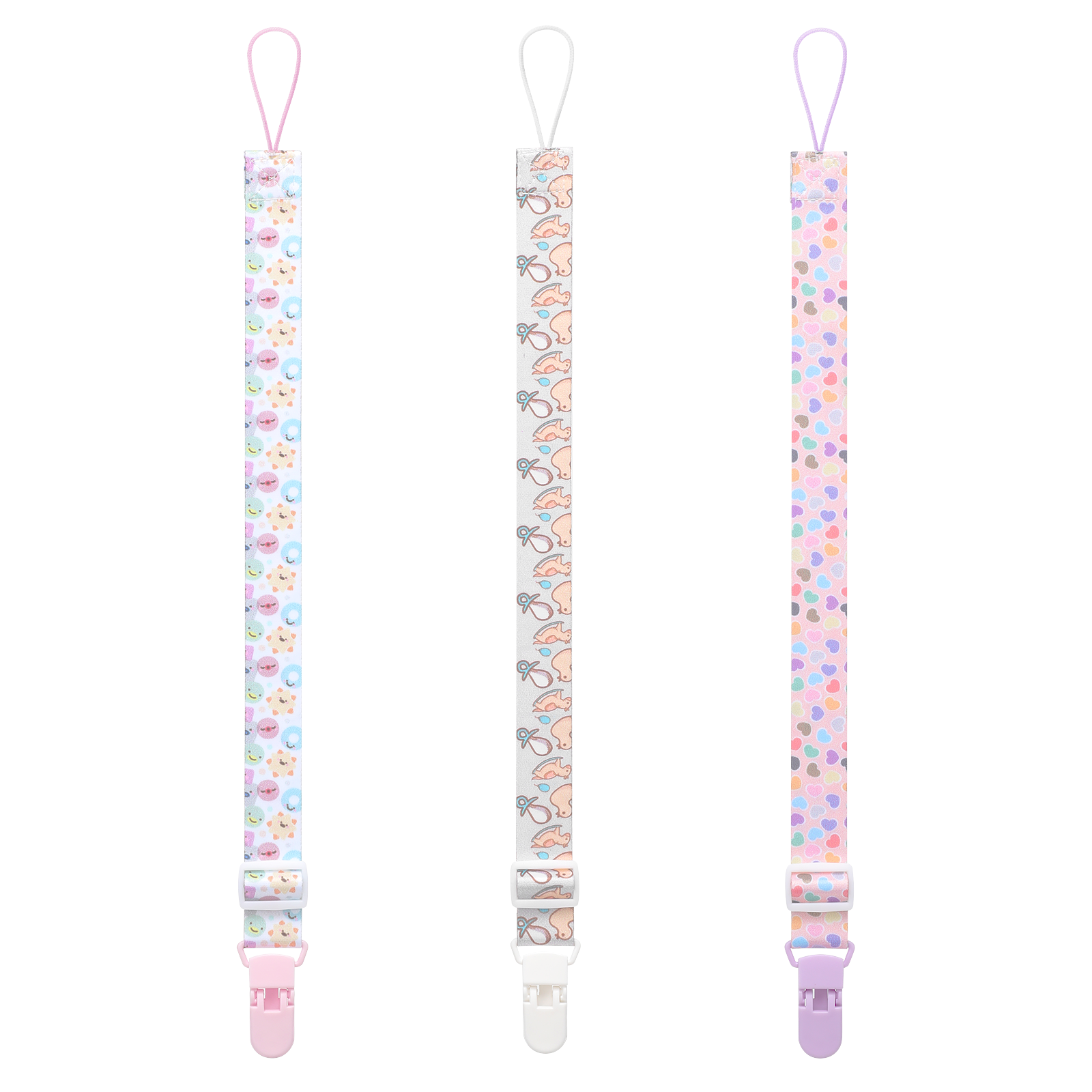 Adult Pacifier Clip Strap Holder: Adjustable Lanyard Loop Attachment - Pastel Smiley Rocking Horse Chick Rainbow Hearts - 17 Inch Long 3 Pack Set